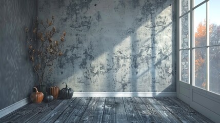 Wall Mural - Rustic interior scene with pumpkins and a bare tree beside a large window. Concept of autumn decoration, seasonal home decor, fall interior design, Halloween theme. Mockup. Empty room for design