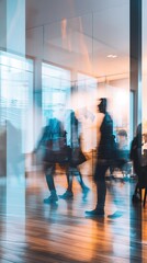 Vertical shot of Abstract Blurred Motion of Businesspeople in a Glass-Walled Office