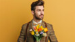 © Brainstorm Solutions - A bearded man in a suit holds a bouquet of flowers against a vibrant yellow background, looking off to the side.