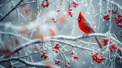 Red cardinal bird on a frosty tree branch with snow red berries in winter, Holiday and Christmas web banner.generative.ai