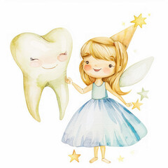 Wall Mural - Cute Little Tooth Fairy with First Baby Tooth and Wand on white background, watercolor Illustration. Happy Tooth Fairy day card. Concept of dental treatment and oral hygiene. cartoon fairy with tooth