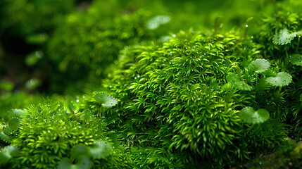 Wall Mural - Closeup of lush green moss, detailed texture, in an enchanted forest setting. 