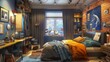© Jelena - cozy teenage boys bedroom interior with personalized decor and belongings comfortable private space digital painting