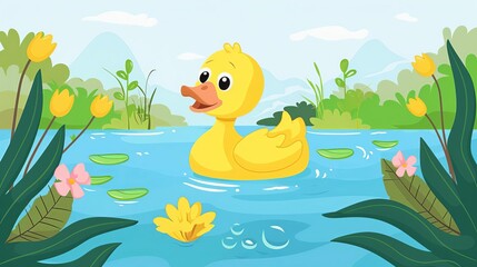 cute cartoon duck swimming in pond playful vector illustration