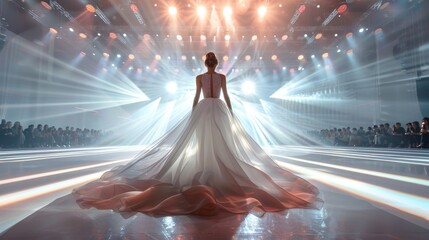 An elegant model poses on the runway with a grand white dress at a fashion show