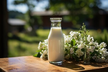 Wall Mural - A bottle of fresh milk in a sunny summer farm meadow nature and mockup eco food da, generative IA