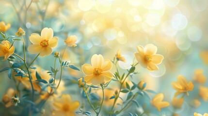 delicate yellow spring flowers blooming on blurred light background concept photo