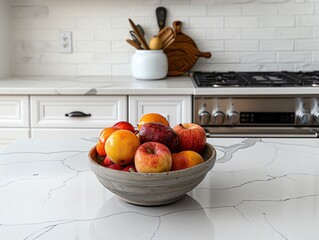 Clean, minimalist kitchen countertop with a single bowl of fruit and white cabinets