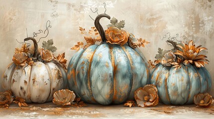 Wall Mural - A composition with decorative pumpkins and flowers created with stock.