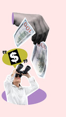 Poster - A woman is looking through binoculars at a pile of money