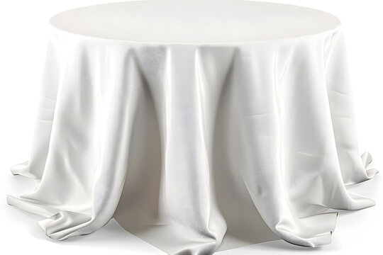 Table with white tablecloth mock up isolated on white background