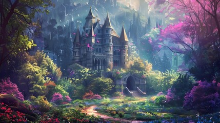Wall Mural - enchanting fairy tale castle in a whimsical forest digital fantasy illustration