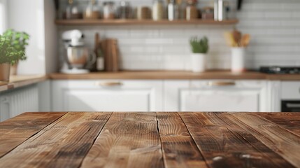 Poster - Wood table top on blur kitchen counter (room) background