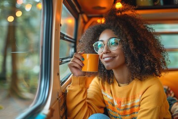 Sticker - Young African American woman enjoying a cup of coffee in a cozy camper van