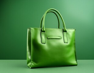 A green leather shopping bag isolated on green background, mock up, no brand, product advertising, online shopping promotion.