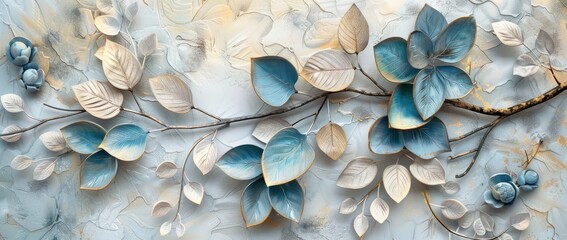 3d wallpaper, grey stone background with blue leaves and flowers