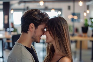 Poster - Young beautiful man and woman couple about to kiss at work in middle of the office open space , office romance concept image