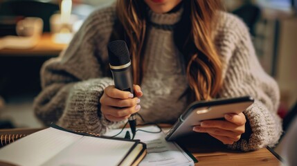 Female journalist with microphone, notebook and phone in office, closeup AI generated