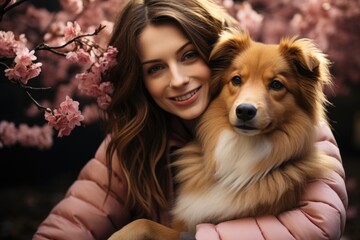 Young brunette with light skin kisses her beloved dog with strength while holding , generative IA