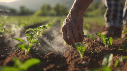 Wall Mural - a farmer tending to their crops with steam rising from the soil around them indicating the fertility