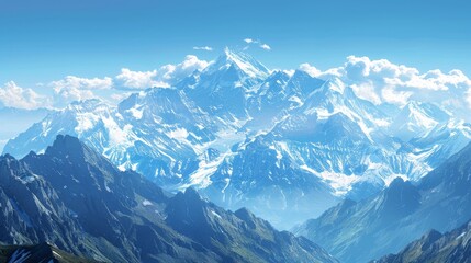 Wall Mural - Mountain view with snow-capped peaks and a clear blue sky, panoramic wallpaper