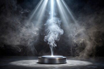 metal podium on black background with smoke