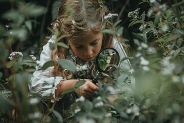 Canvas Print - Young botanist exploring flora with a magnifying glass in nature