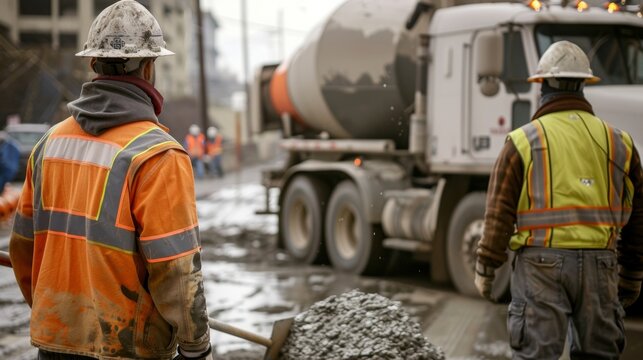 Two workers work in tandem directing a cement truck to pour its load into a designated area of the underpass.