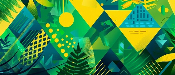 Brazilian-themed background featuring  geometric shapes in  vibrant green, yellow, and blue, abstract patterns and stylized element, tropical plants and natural textures.