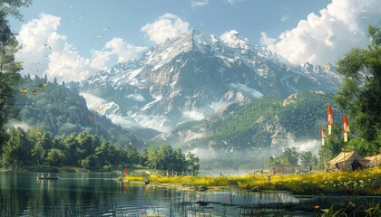 A family outing to a local lake, with kids playing in the water and waving flags