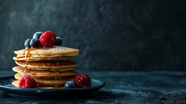 Blueberries, raspberries, and blackberries on pancakes. Stock.