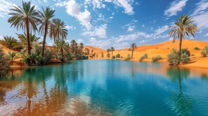Wall Mural - Desert oasis with palm trees, clear blue water, and golden sand dunes