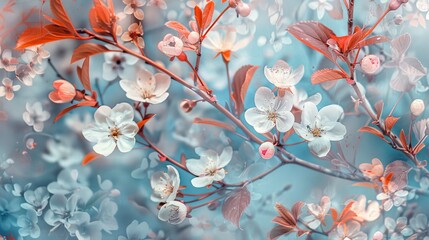 Blue background with blossoming sakura branch. .
