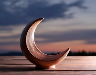 Wall Mural - a minimalist still life, with an abstract crescent moon-shaped ceramic vase against a soft dark sky background