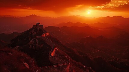 Sticker - A dramatic and stunning sunset over the Great Wall of China, capturing the majesty and solitude of ancient borderlands