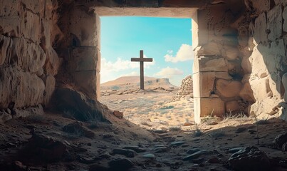 Wall Mural - 3D render of the Resurrection of Jesus Christ from the empty stone tomb. A wreath of laurel and a shroud lie on the ground.