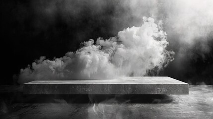 Smoke over the floor. Concrete platform podium with smoke