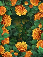 Wall Mural - Green background with orange flowers and leaves.  created.