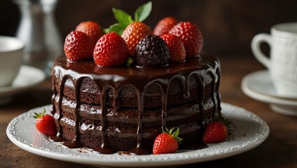 Wall Mural - Chocolate cake with strawberries