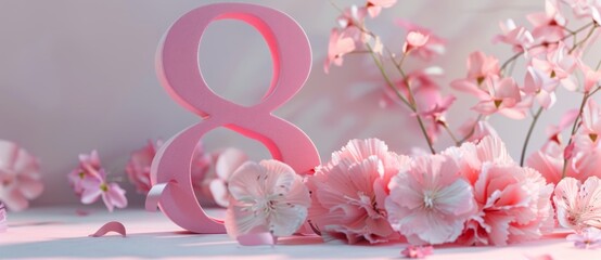 Wall Mural - Women's Day design template. Pink number with pink flowers and empty space. Stock.
