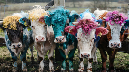 Wall Mural - Cows with colorful curly fur in a beer garden.wandering around looking for dominant culture 