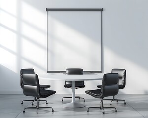 3d rendering of large white blank flip chart on the wall in front of round black table with modern office chairs around it