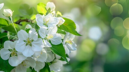 Wall Mural - A close-up photo showcasing the delicate beauty of apple blossoms in full bloom during the springtime. The white flowers are prominently featured against a soft, green backdrop