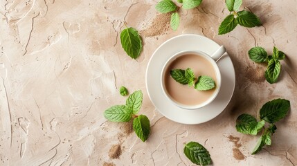 Wall Mural - A cup of coffee with mint leaves