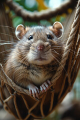 Aufkleber - Detailed view of a rat with eye patches, relaxing in a small hammock,