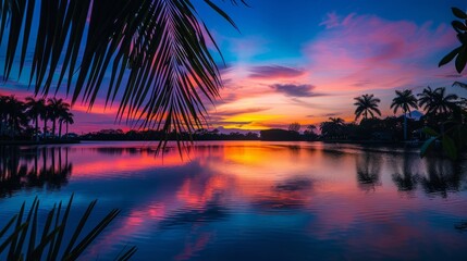 Wall Mural - A stunning wide-angle photograph capturing the serene beauty of a tropical lake at sunset, with vibrant colors reflected in the water