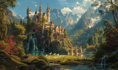 A whimsical fairy tale castle surrounded by a magical forest, with unicorns grazing in a meadow nearby. Realistic.