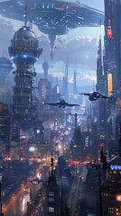 Wall Mural - A futuristic cityscape with flying cars. Realistic.