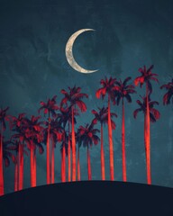 Wall Mural - minimalist landscape photography, red palm trees on the horizon, crescent moon in sky, night time, simple elegance of ordered complexity, efflorescence, dramatic lighting from behind, hyper realistic 