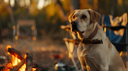 Wall Mural - dog wearing a leather collar. sitting next to a firepit with camping chairs behind him in an outdoor setting with evening light. bokeh effect 